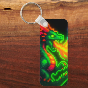 Neon Pixel Dragon – Retro Arcade Flame Design Key Ring