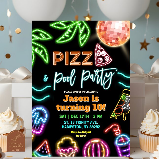 Neon Pizza Pool Party Kids Birthday Invitation (Creator Uploaded)