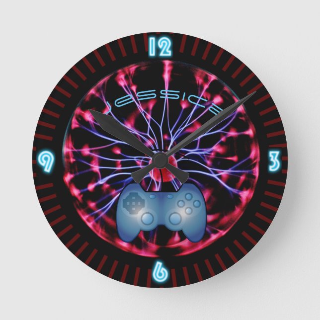 Neon Plasma Ball Girl Gamer Gaming Personalised Round Clock (Front)