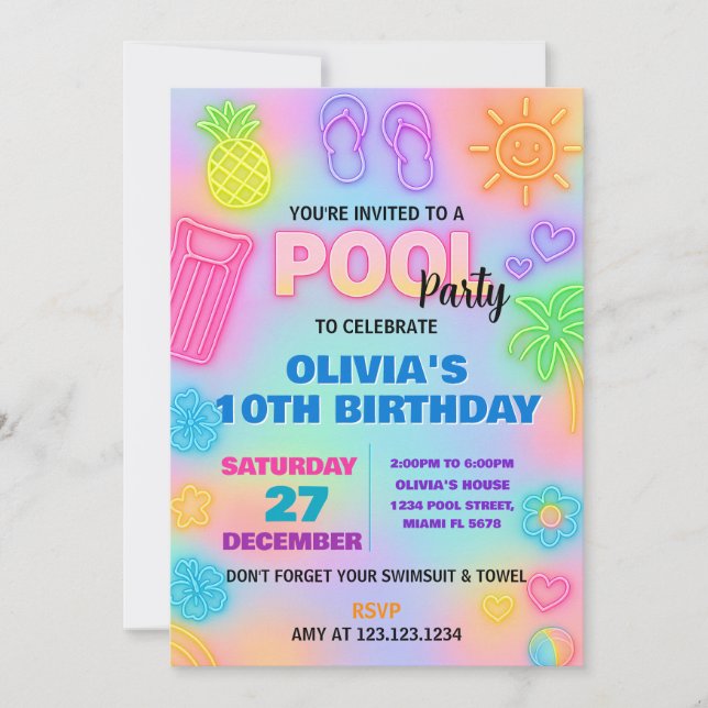 Neon Pool Birthday Invitation (Front)