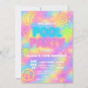 Neon Pool Birthday Party Invitation
