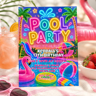 Neon Pool Party Birthday   Glow Summer  Invitation