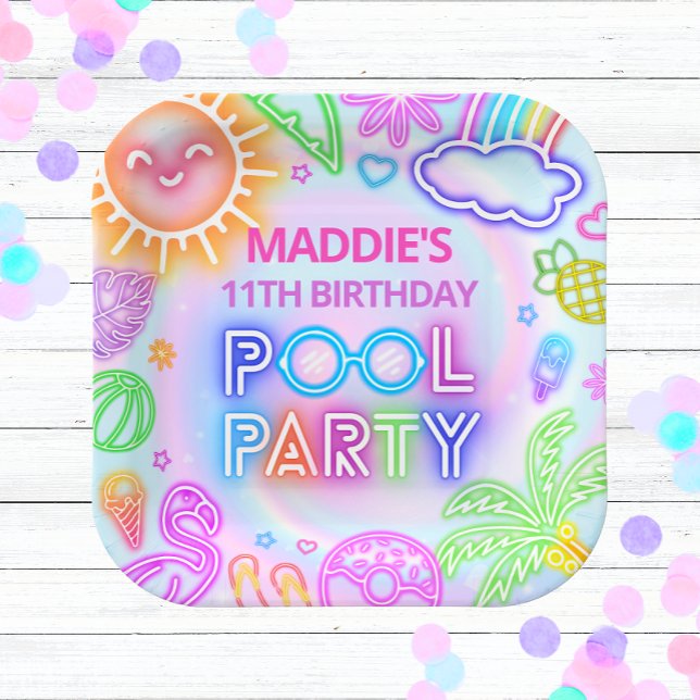 Neon Pool Party Birthday Paper Plates (Creator Uploaded)
