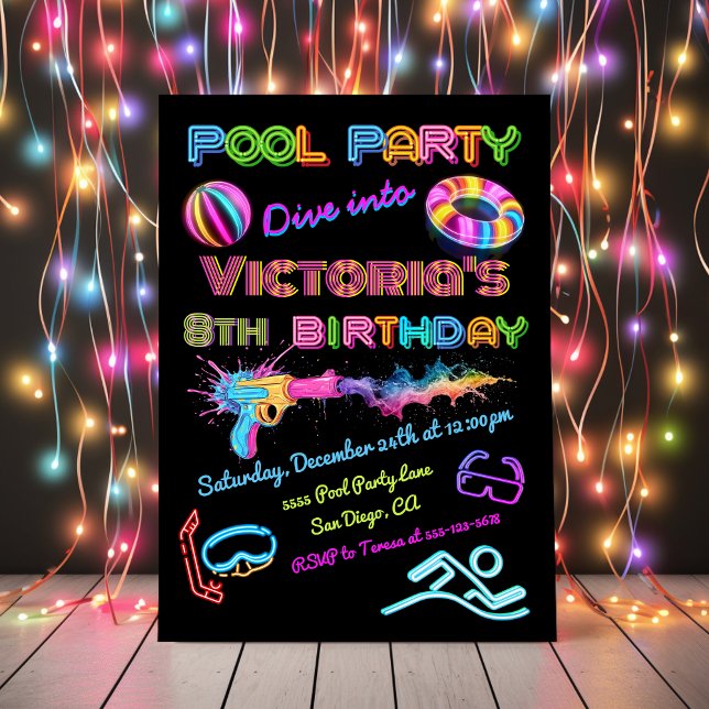 Neon Pool Party Birthday Party Invitation (Creator Uploaded)