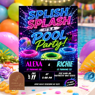 Neon Pool Party Boy Girl Siblings Teenager Invitat Invitation