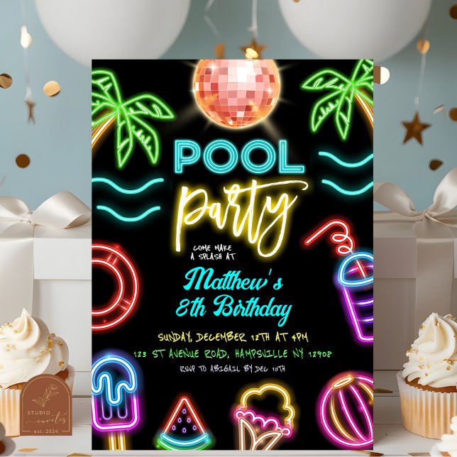 Neon Pool Party Kids Birthday Invitation (Creator Uploaded)