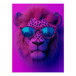 Neon Pop Art Lion Wearing Blue Sunglasses Poster