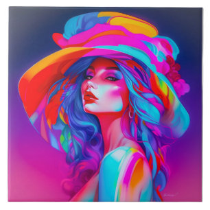 Neon Pop Art Portrait Ceramic Tile