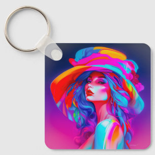 Neon Pop Art Portrait Key Ring