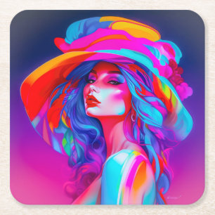 Neon Pop Art Portrait Square Paper Coaster