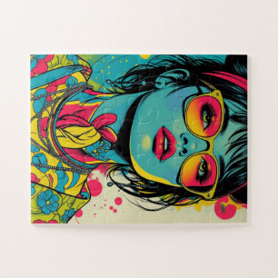 Neon Pop Diva Portrait – Bold & Vibrant Retro Art Jigsaw Puzzle