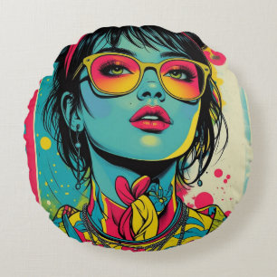 Neon Pop Diva Portrait – Bold & Vibrant Retro Art Round Cushion