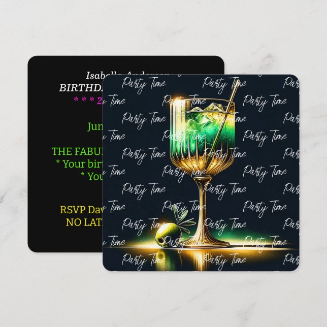 Neon Popular Party Time Personalised Invitation (Front/Back)