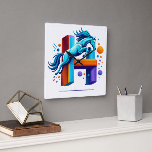 Neon Power Horse Jump Over H Letter Square Wall Clock
