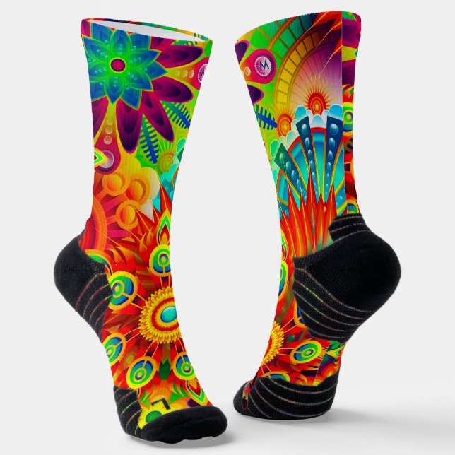 Neon Psychedelic Abstract Cool Cute Fractal Socks (Angled)