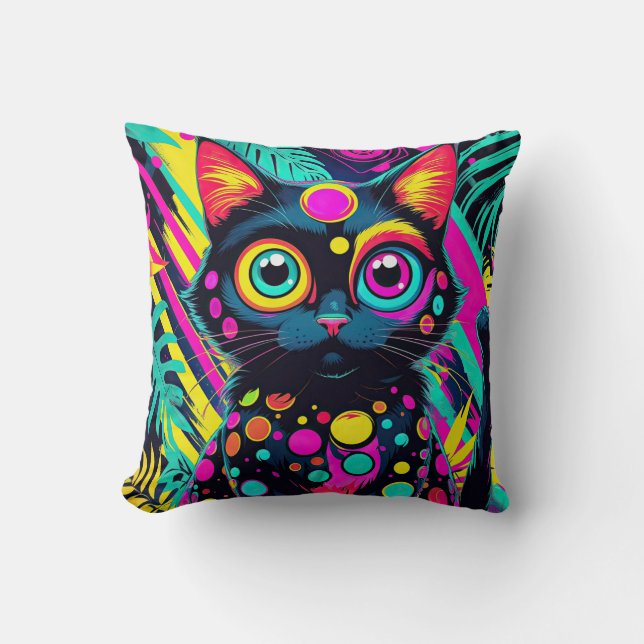 ✨ Neon Psychedelic Cat – Pop Art Design 🎨🐱 Cushion (Front)