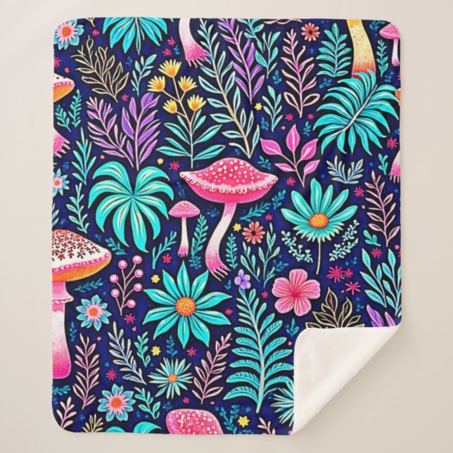 Neon Psychedelic Mushroom Forest Dream Sherpa Blanket (Front)