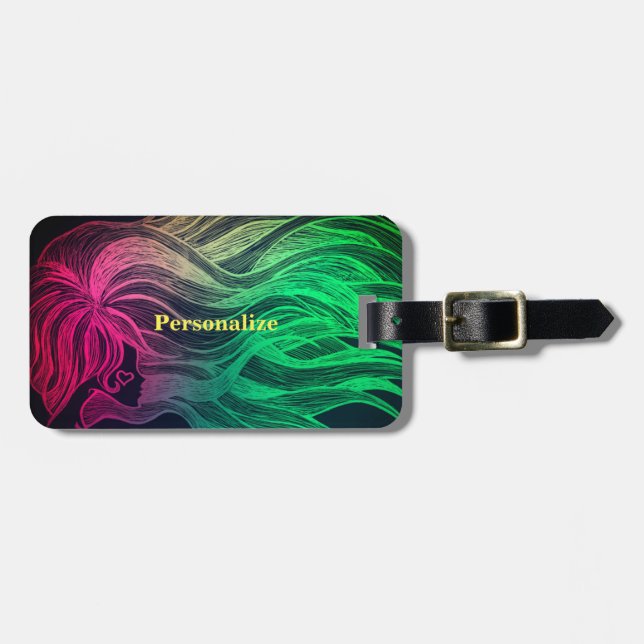 Neon Psychedelic Wavy Hair Personalise Travel Luggage Tag (Front Horizontal)