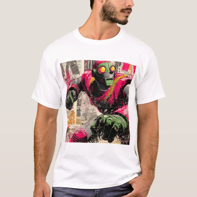 Neon Punchbot — Graffiti Newspaper Collage Action  T-Shirt (Front)