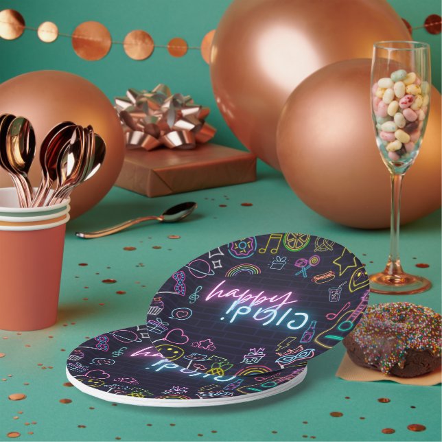 Neon Purim Paper Plate (Multi)