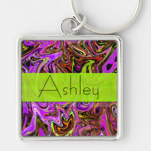 Neon Purple and Green Swirls Keychain with Name