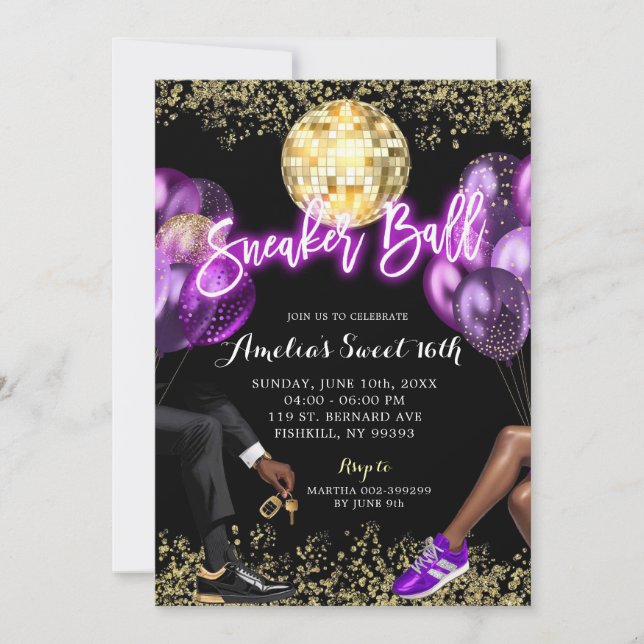 Neon Purple Disco Sneaker Ball Girl's Birthday Invitation (Front)