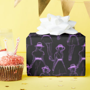 Neon Purple Fashion Line Figures on Black Wrapping Paper