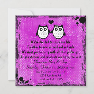 Neon purple grunge owl punk wedding invitations
