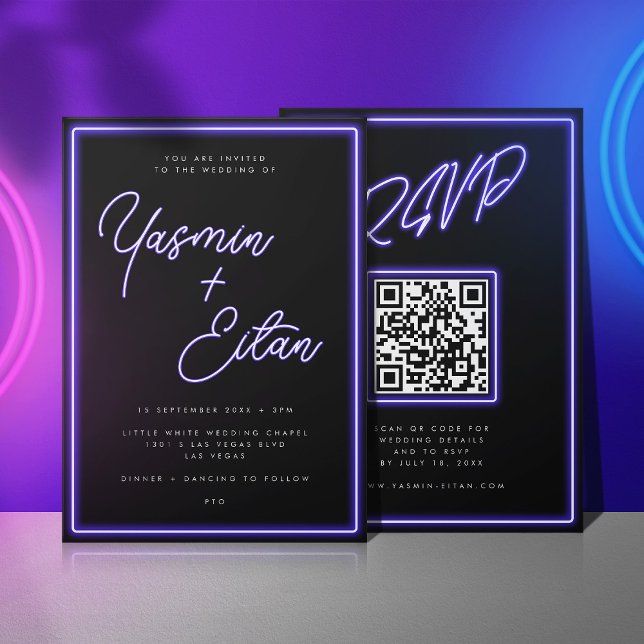 Neon Purple Lights Black Modern All In One Wedding Invitation (Black invitation with purple neon light script for the bride and groom's names)