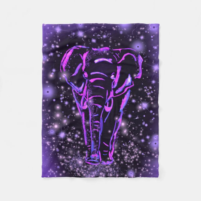 Neon Purple Pink Elephant Walking At Starry Night  Fleece Blanket (Front)