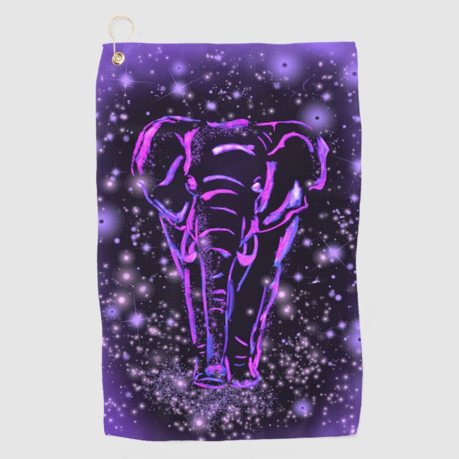 Neon Purple Pink Elephant Walking At Starry Night  Golf Towel (Front)