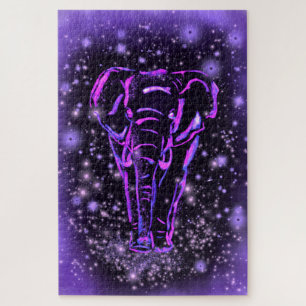 Neon Purple Pink Elephant Walking At Starry Night Jigsaw Puzzle