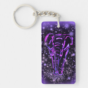 Neon Purple Pink Elephant Walking At Starry Night Key Ring