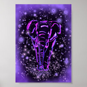 Neon Purple Pink Elephant Walking At Starry Night  Poster