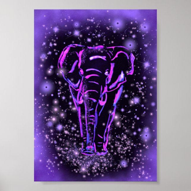 Neon Purple Pink Elephant Walking At Starry Night  Poster (Front)