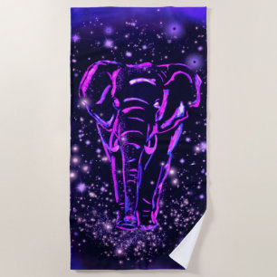 Neon Purple Pink Elephant Walking In Starry Night  Beach Towel