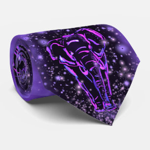 Neon Purple Pink Elephants Walking At Starry Night Tie