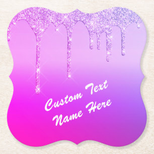 Neon Purple Pink Glitter Custom Text Coasters