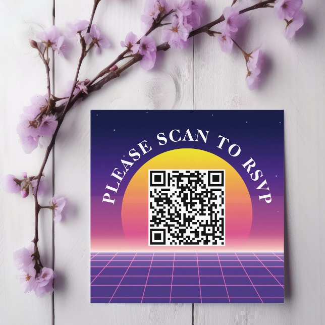 Neon Purple Retro 80s Sunset Wedding Scan to RSVP Square Business Card (Creator Uploaded)