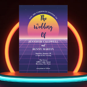 Neon Purple Retro 80s Synthwave Sunset Wedding Invitation