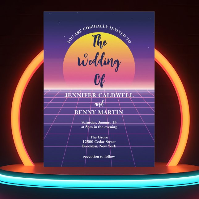 Neon Purple Retro 80s Synthwave Sunset Wedding Invitation (Creator Uploaded)