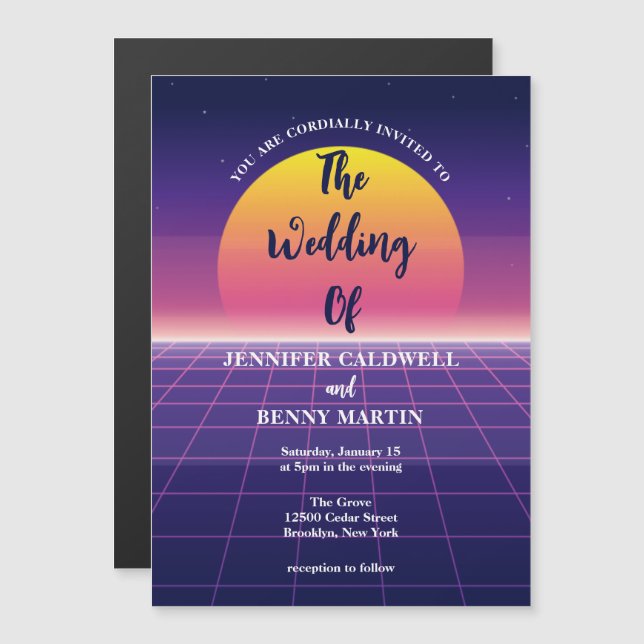 Neon Purple Retro 80s Synthwave Sunset Wedding Magnetic Invitation (Front/Back)