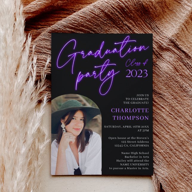 Neon purple sign script fun graduation photo arch invitation (Creator Uploaded)