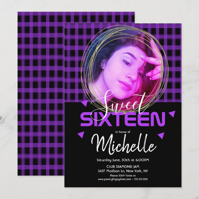 Neon Purple Sweet Sixteen Gold Ring Photo Grid Invitation (Front/Back)