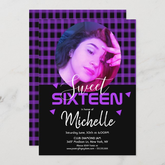 Neon Purple Sweet Sixteen Photo Grid Invitation (Front/Back)