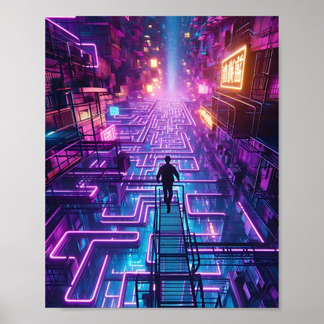 Neon Purple Urban Maze - Dystopian City Labyrinth Poster (Front)