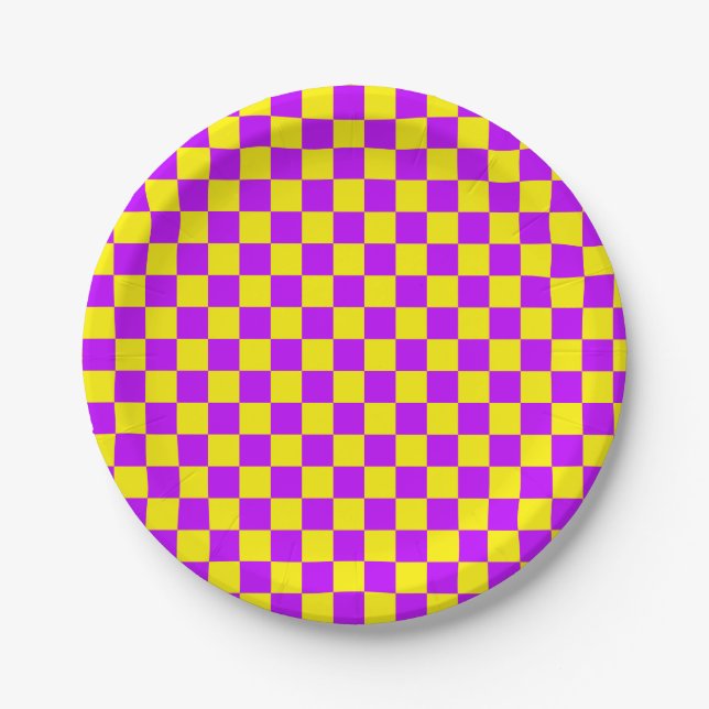 Neon Purple Yellow Chequered Chequerboard Vintage Paper Plate (Front)