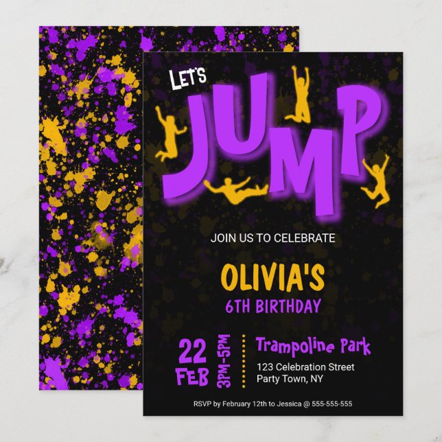 Neon Purple Yellow Paint Trampoline Party Birthday Invitation (Front/Back)