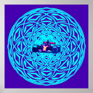 Neon Race Car in Geometric Sphere Poster