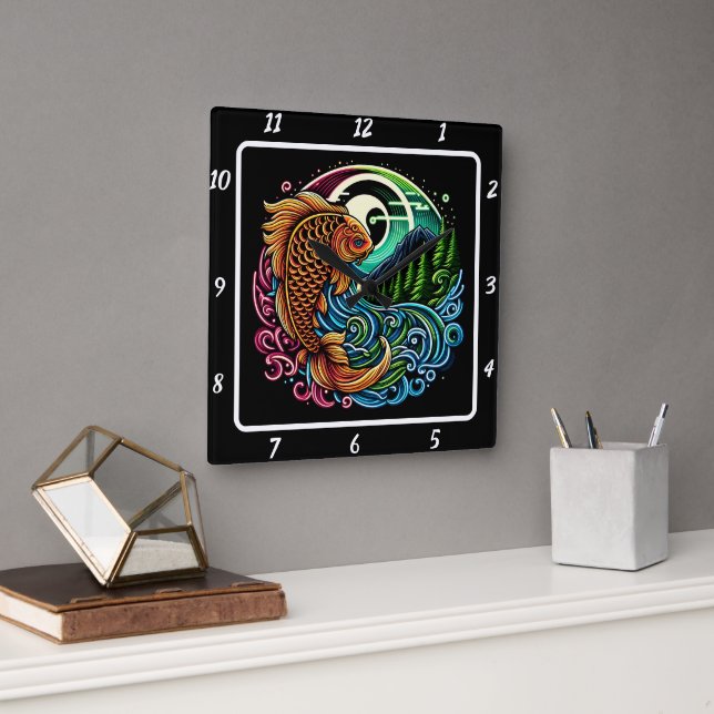 Neon Radiant Koi Gold Fish Elegance Square Wall Clock (Office)